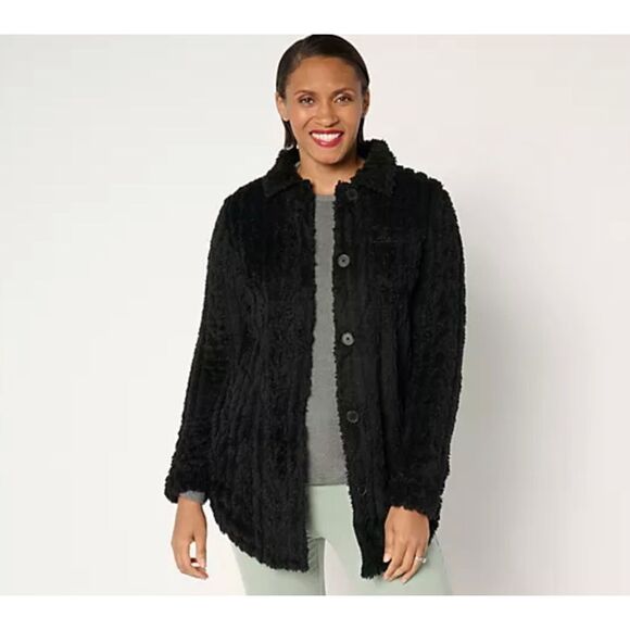 Cuddl Duds Womens Large Button Front Sculpted Sherpa Shirt Jacket Black NWOT - Picture 1 of 6